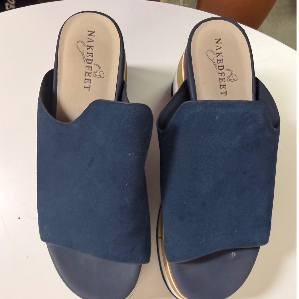 Naked Feet Flow Platform Slide Women 7.5M Navy Blue Excellent Suede Striped Sole